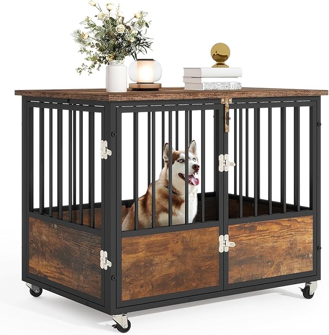 DWVO Dog Crate Furniture with Wheels, 38 Inch Dog Kennel Indoor Furniture End Table Dog Crate for Dogs, Farmhouse Decorative Wooden Dog Cage Table with Double-Doors, Chew-Resistant, Rustic Brown