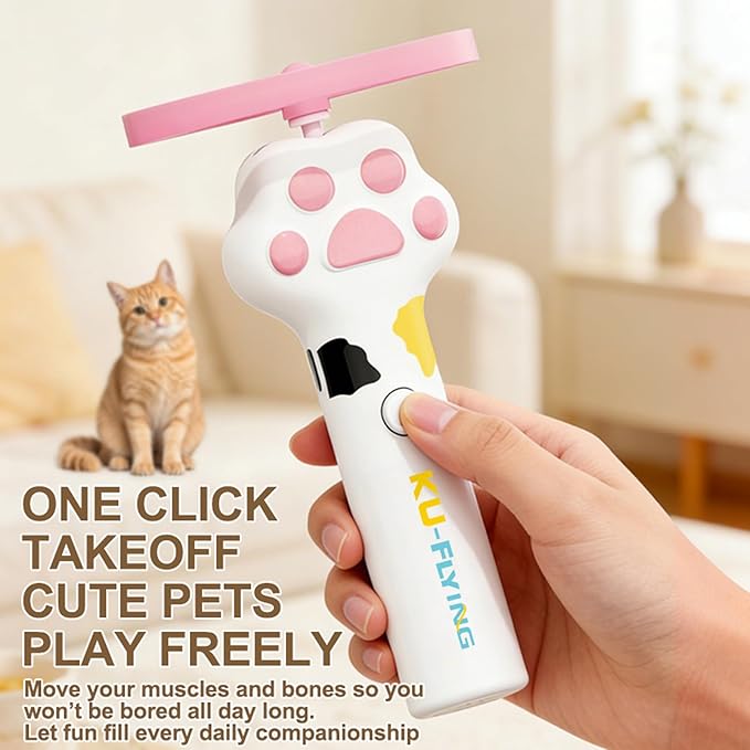 Cat & Small Dog Disc Launcher Toy, Rechargeable Flying Spinner Fetch Interactive Pet Toy with LED Lights, Adjustable Launch Control for Indoor Outdoor Play (White)