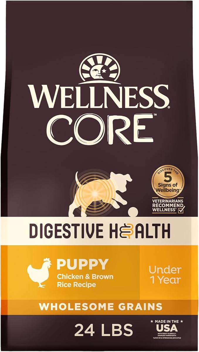 Wellness CORE Digestive Health Puppy Dry Dog Food, Wholesome Grain Kibble, Sensitive Stomach, Natural, High Protein, Chicken and Brown Rice Recipe, 24 lb Bag