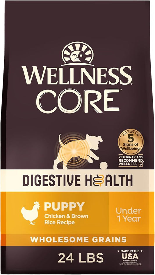 Wellness CORE Digestive Health Puppy Dry Dog Food, Wholesome Grain Kibble, Sensitive Stomach, Natural, High Protein, Chicken and Brown Rice Recipe, 24 lb Bag