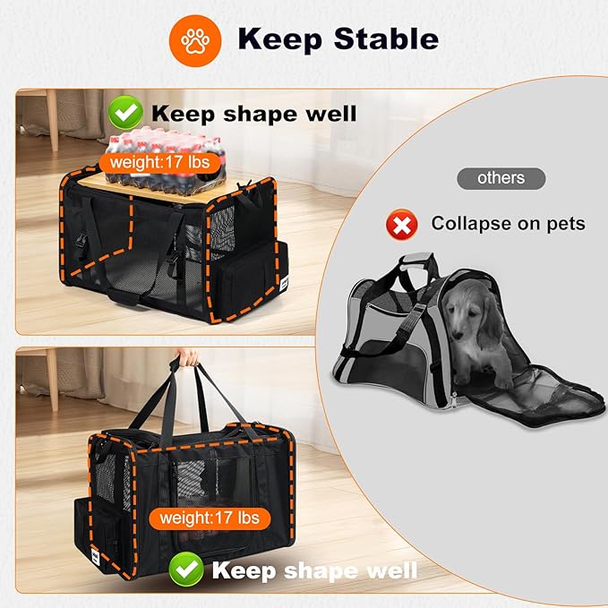 pidipiti 25''(L) x 17''(W) x 17''(H) Extra Large Expandable cat Carrier for car Travel,Soft Crate for 1 Large / 2 Medium Cats up to 35 lbs,Long Road Trip cage with a Leakproof Portable Litter Box