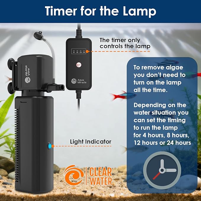 AquaMiracle Aquarium U-V Filter for Green Water Control with Timer, with Filter Sponge, Fish Tank Filter Turtle Filter with Aeration/Rainfall Mode for 40-150 Gallon Aquariums Freshwater and Saltwater