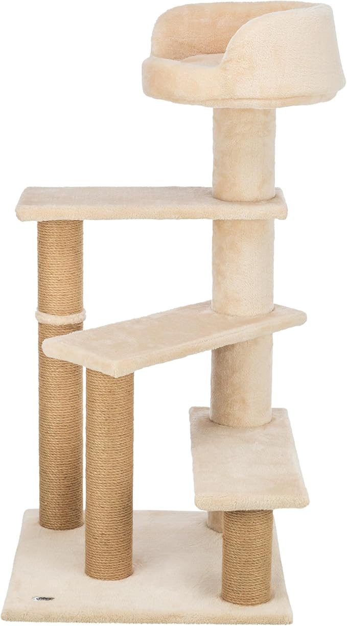 TRIXIE Tulia Senior Cat Tower – Cat Tree with Jute Wrapped Posts, Step-Style Platforms & Padded Top Bed – Comfortable Cat Furniture for Senior Indoor Cats – Beige, 20.1" x 20.1" x 40.2"
