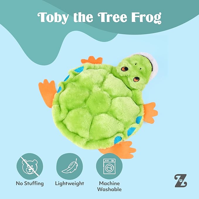 ZippyPaws Squeakie Crawler- No Stuffing Dog Toy to Keep Them Busy, for Small, Medium, & Large Dogs, Squeaky Pet Toy for Boredom, Unstuffed Chew Toy, Soft Plush Puppy Products, Toby the Tree Frog- 11"