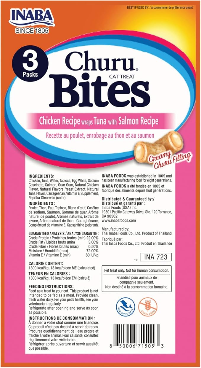 INABA Churu Bites for Cats, Soft/Chewy Baked Chicken Wrapped Churu Filled Cat Treats with Vitamin E, 0.35 Ounces per Tube, 24 Tubes Total (3 Tubes per Pack), Tuna with Salmon Recipe