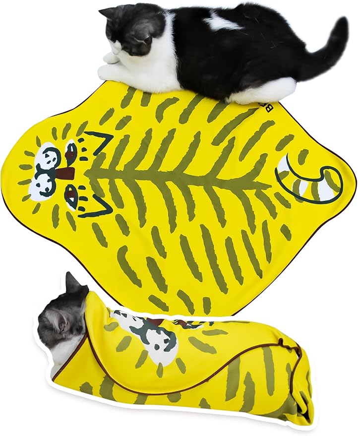 BFNN Cat Grooming Wrap for Cutting Nails, 27.6" Anti-Escape Calming Cat Swaddle Wrap for Medicine, Nail Clipping, Teeth Brushing, Ear Cleaning, Self-Adherent Burrito Restraint, (Tiger Print, L)