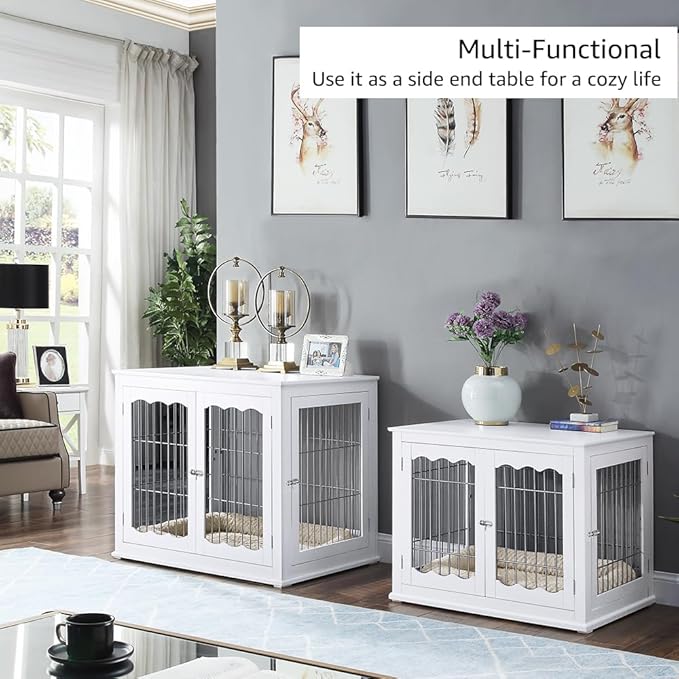 unipaws Furniture Style White Dog Crate for Medium Large Dogs, Indoor Aesthetic Dog Stuff Kennel, Modern Decorative Wood Wire Pet House Dog Cage, Pretty Cute End Side Table Nightstand…