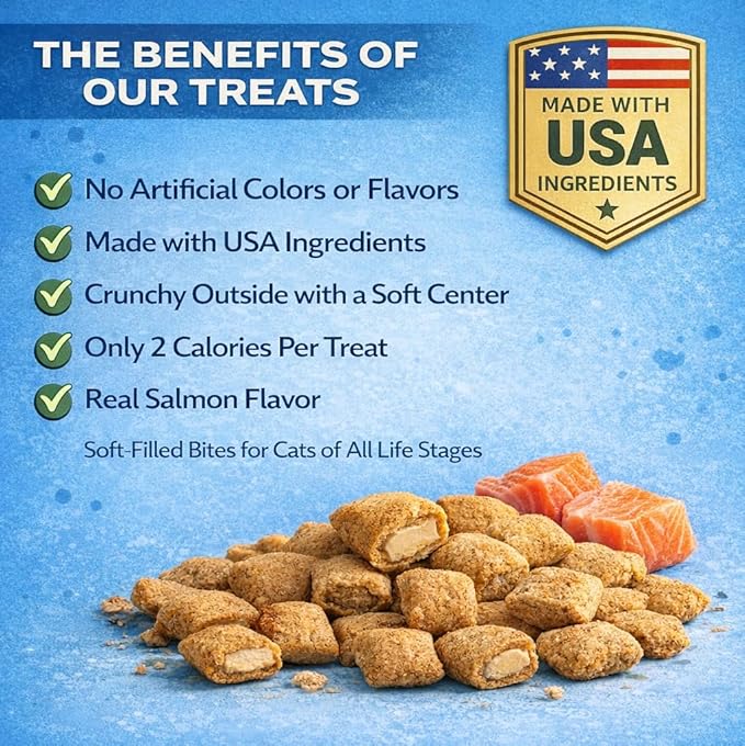 Salmon Cat Treats Crunchy Soft Filled Bites - Healthy Training Treats Indoor Cats Kittens Senior - Low Calorie Cat Snacks Food Topper No Artificial Flavors Wheat Soy Free All Breeds Made in USA 9 oz
