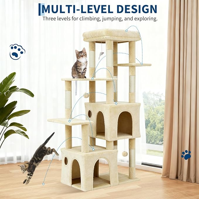 61.4 Inch Cat Tree, Large Cat Tower with Sisal Scratching Posts, 2 Spacious Cat Beds, Hanging Ball & Top Perch, Ideal for Large Indoor Adult Cats, Beige