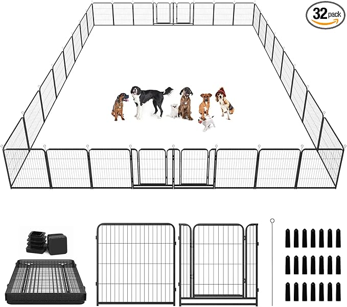 Kfvigoho Dog Playpen Outdoor Extra Wide 32 Piece Panels Heavy Duty Dog Fence 32" Height Anti-Rust with Doors Portable for RV Camping Yard, Total 84FT, 561 Sq.ft, Snowy Black