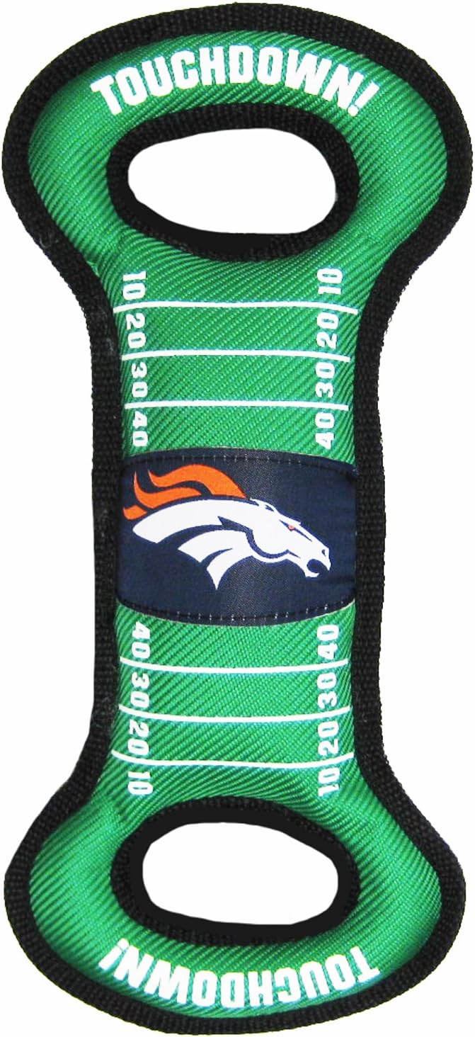 NFL Football Field DOG TOY with Squeaker. - DENVER BRONCOS - For Tug, Toss, and Fetch. - Tough & Durable PET TOY