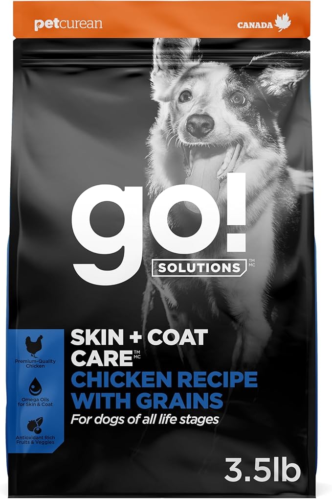 Go! Solutions Skin + Coat Care Chicken Dry Dog Food with Grains, Healthy Kibble with Omega-3s & 6s for Soft, Shiny Fur, for Puppies, Adults, & Seniors, 3.5 lb Bag
