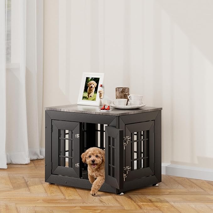 Snuowu 26" Heavy-Duty Dog Crate Furniture for Small/Medium Dogs, Rustic Wooden Dog Cage Kennel Indoor Furniture, Decorative Pet House End Table, Black & Grey