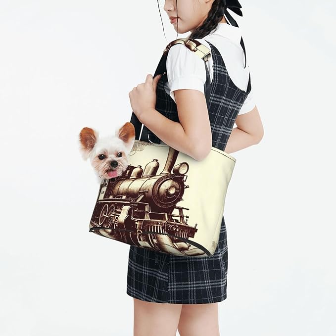 Train Print Foldable Pet Tote Bag, Shoulder Carrier for Small Dogs and Cats