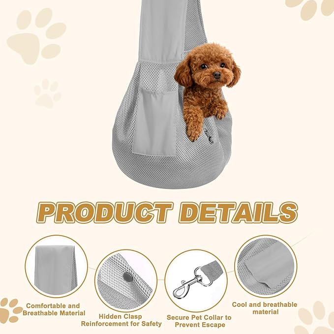 Dog Sling Carrier for Small Dogs and Cats Up to 16.5 Lbs, Breathable Thick Shoulder Strap Pet Crossbody Shoulder Bag, (Gray, 1 Pcs) Intended for Outdoor/Camp/Travel
