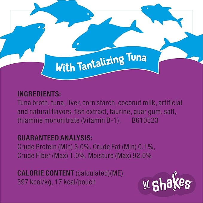 Purina Friskies Pureed Cat Food Topper, Lil’ Shakes With Tantalizing Tuna Lickable Cat Treats - (Pack of 16) 1.55 oz. Pouches