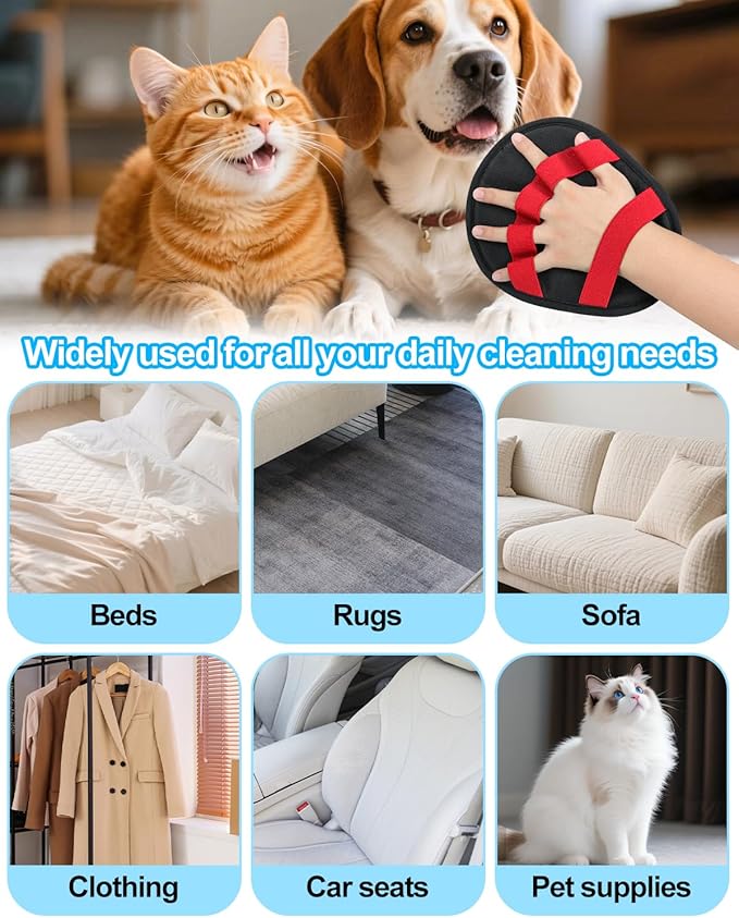 Pet Hair Removal Glove，Five-Finger Design Electrostatic Magic Brush Pet Hair Remover, Reusable Grooming Gloves, Cat & Dog Hair Tool for Carpet, Couch, Furniture and Clothing (Red)