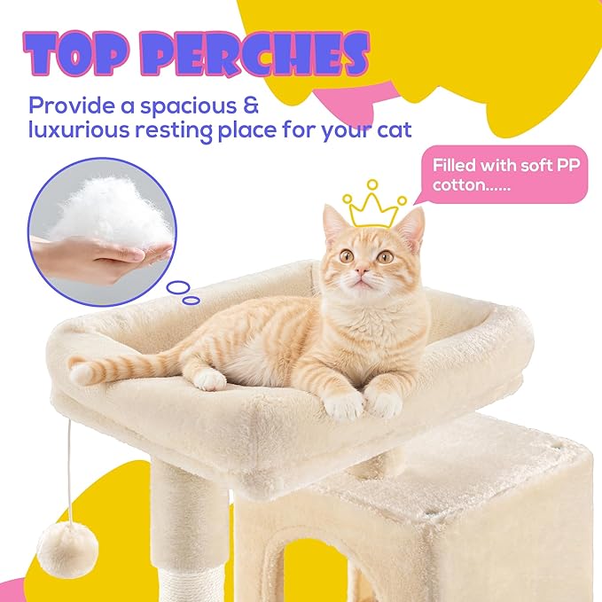 SHA CERLIN 29in Cat Tree for Indoor Cats, Multi-Level Cat Tower with Large Perch, Cozy Condo, Playful Toy Balls, Sisal Scratching Posts, Stable Pet Furniture Activity Center, Space-Saving, Beige