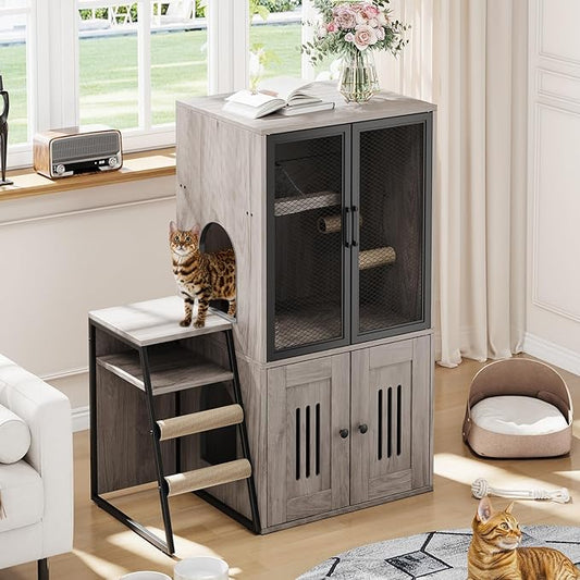 GarveeLife Cat Litter Box Enclosure with Doors, Double Cat House with Storage Space, Enclosed Litter Box Furniture with Ladder, Grey