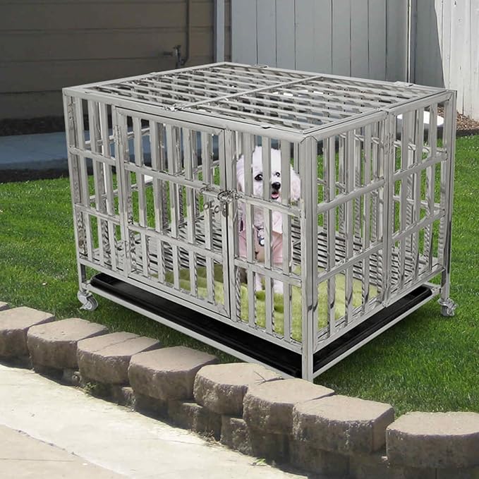 Confote 37 Inch Heavy Duty Dog Crate Metal Cage Kennel, High Anxiety Pet Cage with Lockable Wheels & Double Doors for Small Medium Large Dogs