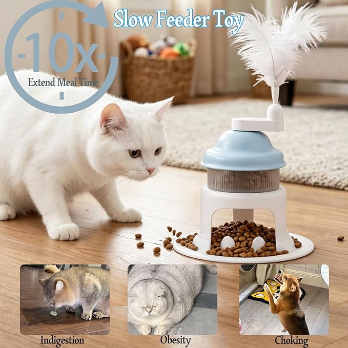 Cat Slow Feeder Toy with Feather Teaser, Interactive Puzzle Feeder for Cats, Mental Stimulation Foraging Toy, Suitable for Dry & Wet Food(Blue)