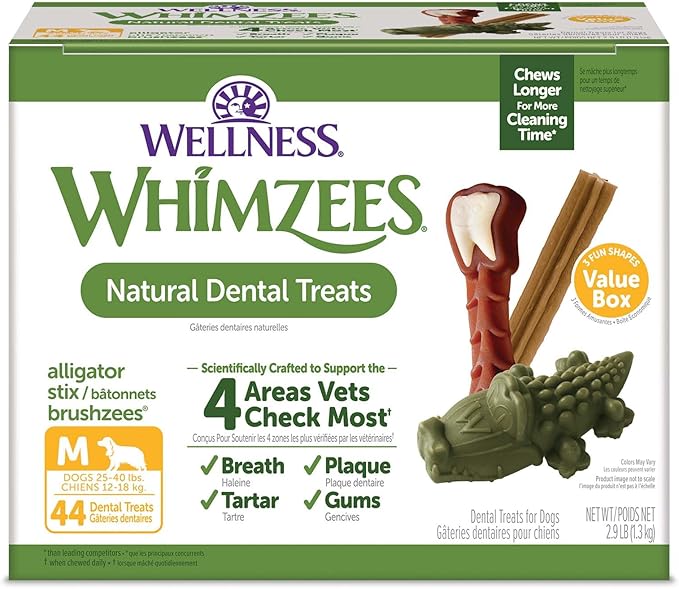 Wellness WHIMZEES Value Pack Dog Dental Treat, Chews, Freshens Breath, Medium Size, 46.6 oz Box, 44 Count
