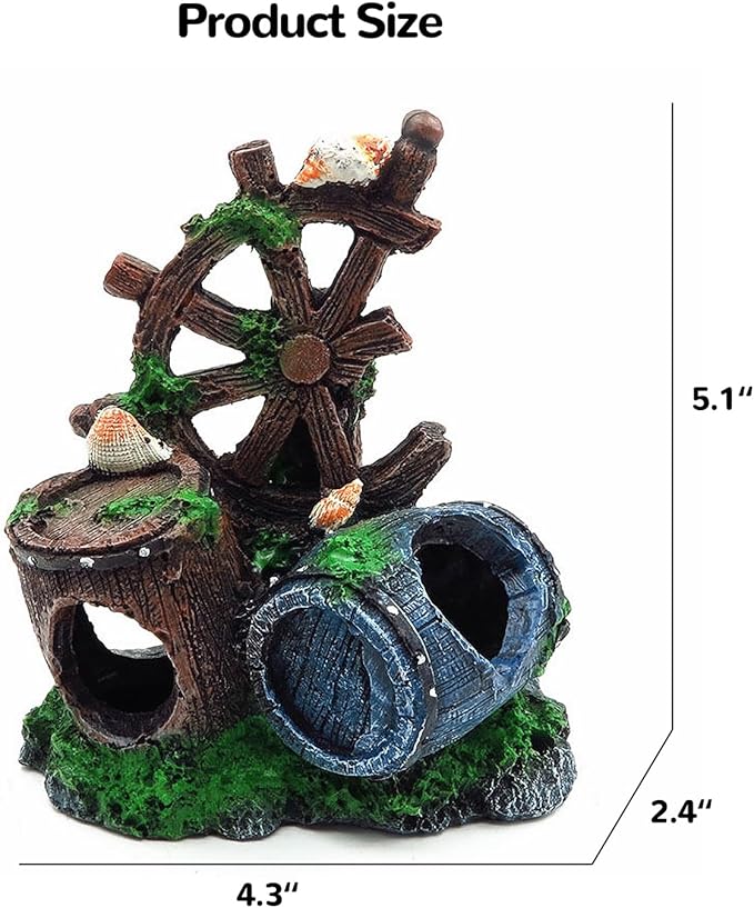 Mipukbay Fish Tank Decoration, Broken Ship Wheel & Cask Aquarium Decor Hiding Cave Ornament for Freshwater/Saltwater, Safe Landscaping Rock Resin Decoration for Betta Fish, Goldfish and Aquatic Pets
