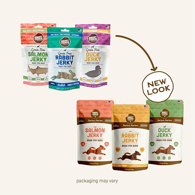 Smart Cookie Jerky Dog Treats - 3 Flavor Variety Pack - Rabbit, Salmon & Duck Jerky - Training Treats for Dogs, Puppies with Allergies, Sensitive Stomachs - Grain Free, Made in USA - 3oz