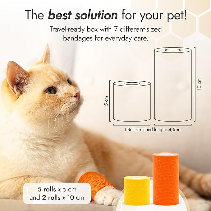 Self-Adhesive Elastic Dog Bandages for Wounds Protect from Licking, Dirt and Scratching – Set of Wraps from Natural Rubber Latex – Dog Bandage for Large & Small Pets – 5 х 5 cm + 2 х 10 cm Rolls