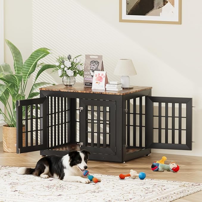 Snuowu 38" Heavy-Duty Dog Crate Furniture for Large/Medium Dogs, Rustic Wooden Dog Cage Kennel Indoor Furniture, Decorative Pet House End Table, Black & Wood