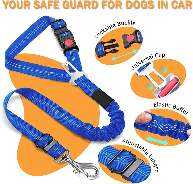 4 Piece Set Vehicle Harnesses, 2 in1 Dog Belts for Cars, Pet Harnesses Headrest Restraint Clip Adjustable Dog Car Harness Belt with Anti-Shock Elastic Bungee Buffer for All Vehicles