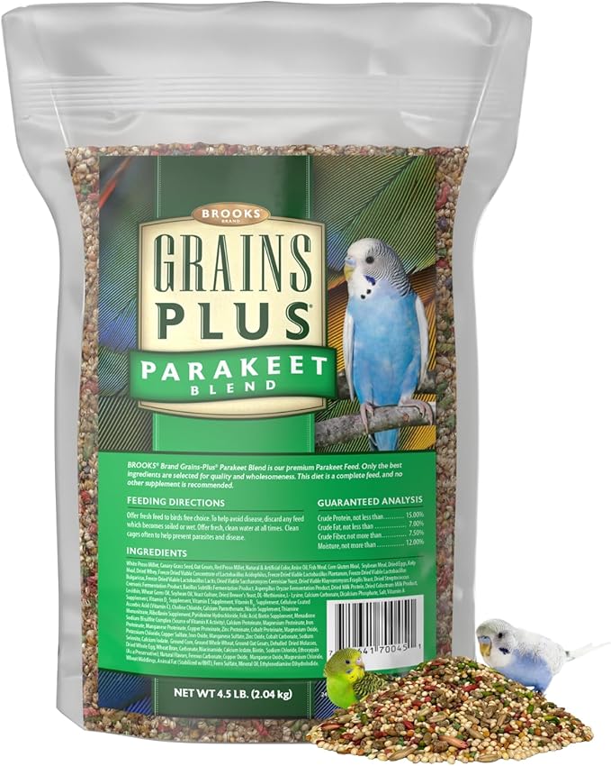 Brooks Brand Grains Plus Parakeet Blend, Bird Food Parakeet Bird Seed, Seed Mix, Millet for Budgie Seed (4.5 lbs Bag)
