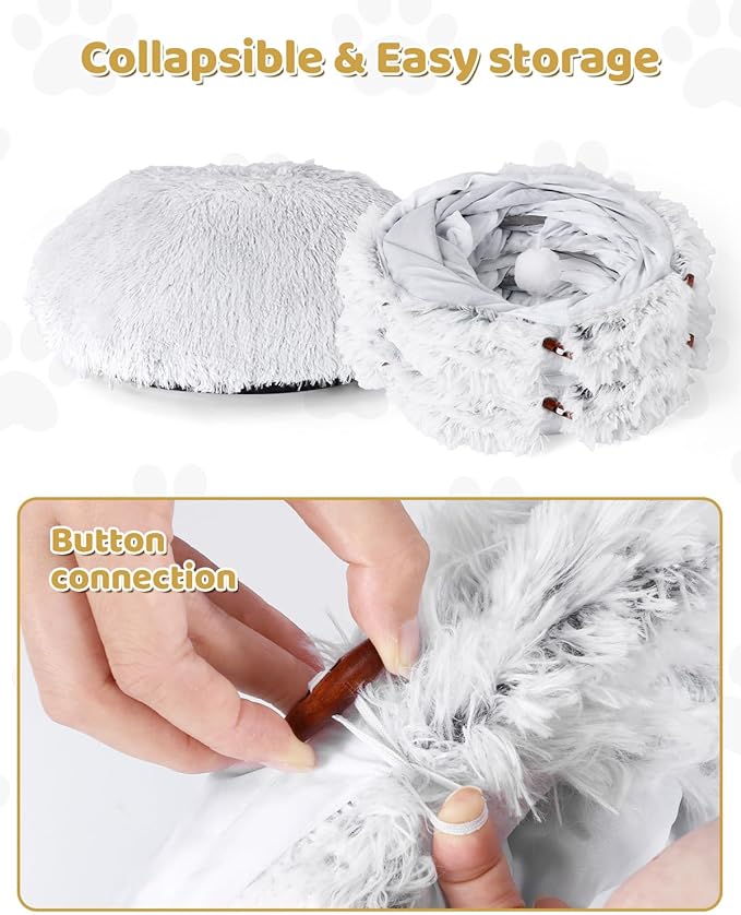 Cat Tunnel Bed with 20 Pcs Interactive Toys, 3-in-1 DIY Collapsible Plush Cat Tube with Washable Mat, Large Indoor Play Tunnel Cave for Kittens and Small Animals