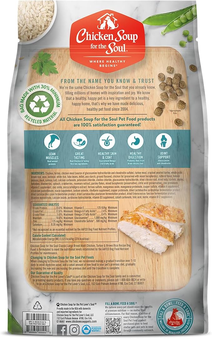 Chicken Soup for the Soul All Natural Premium Large Breed Adult Dry Dog Food, Real Meat First Ingredient, No By-Products, Supports Heart, Gut & Immune Health, Chicken, Turkey & Brown Rice, 28lb