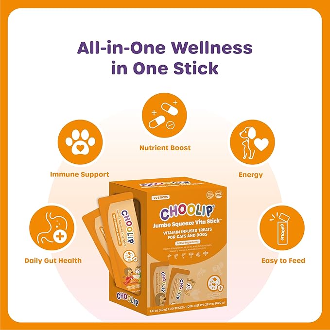 Choolip Bundle | 20pc Jumbo Squeeze Vita Sticks with Essential multivitamins + Berry Good Milk 10pk Vitamin-Infused [Both Products are for Cats & Dogs of All Life Stages]