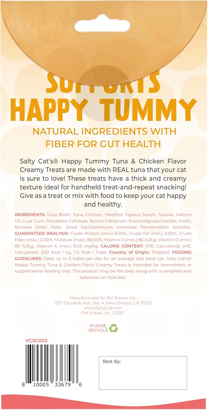 Salty Cat Happy Tummy Natural Tuna & Chicken Functional Tube Treats for Cats (12 Packs)