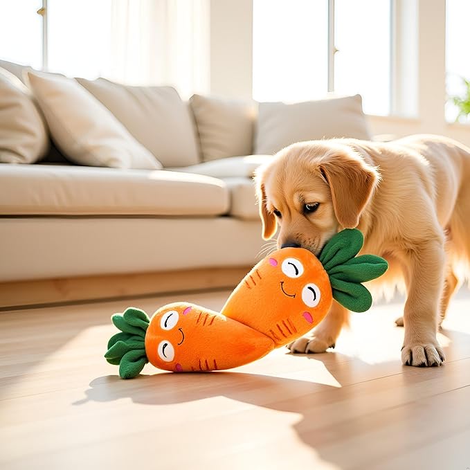 4Pcs Carrot Dog Toys with Multi-Squeakers - Soft Plush Chew Toys for Puppies and Cats, Interactive Bite-Resistant Pet Supplies, Cute Carrot-Shaped Cat/Dog Toy