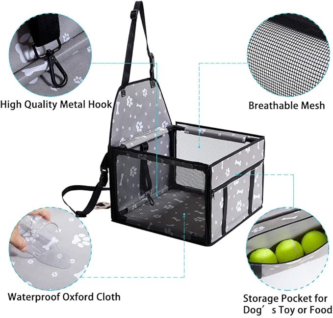 GENORTH Dog Car Seats for Small and Medium Dogs,Portable Puppy/Pet Car Booster Seat with Clip-On Leash and Mesh Window for Pet Up to 20 lbs