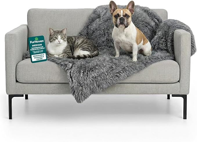 FurHaven Waterproof Throw Blanket For Dogs & Indoor Cats, Reversible Protective Pet Blanket, Medium, Long Faux Fur & Velvet, Gray