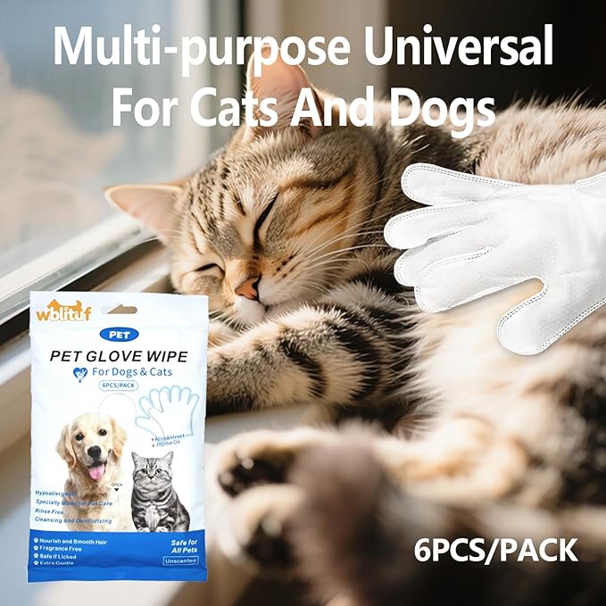 Pet Cleaning Gloves (6 Count) | Extra Thick Disposable Grooming Gloves with Aloe & Jojoba Oil, Waterless No-Rinse Odor Control, Lick-Safe Five-Finger Design for Cats & Dogs