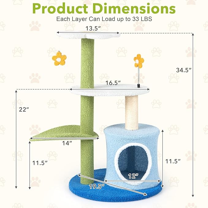 PETSITE 34.5 inch Cute Small Cat Tree, Flower Cat Tree with Sisal Scratching Post, Plush Top Perch, Cat Condo, Fluffy Spring Ball & Jingling Ball