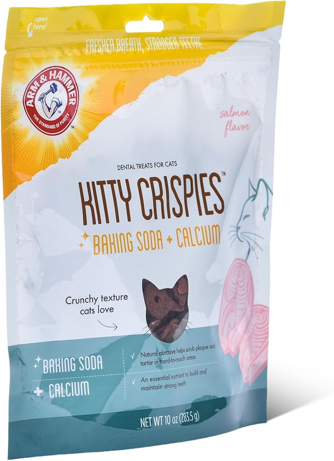 Arm & Hammer Kitty Crispies Dental Cat Treats, Baking Soda & Calcium Formula, Fights Bad Breath, Plaque & Tartar Without Brushing, Highly Digestible, Salmon Flavor, Adult Cats, 10 Oz