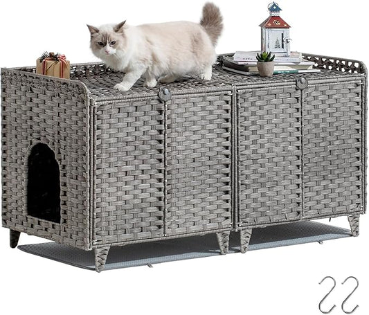 Garvee Cat Litter Box Enclosure Furniture, Handwoven Rattan Cat Houses, Hidden Cat Washroom Furniture with Door/Mat, Large Space Cat Houses with s-Shaped Hooks, Living Room, Bedroom, Gray