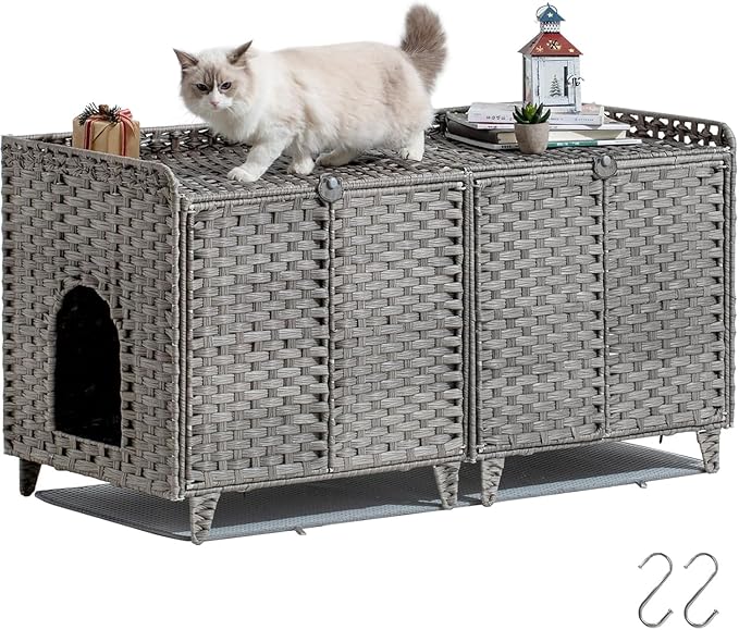 GarveeLife Cat Litter Box Enclosure Furniture, Handwoven Rattan Cat House, Hidden Cat Washroom Furniture with Door/Mat, Large Space Cat House with s-Shaped Hooks, Living Room, Bedroom