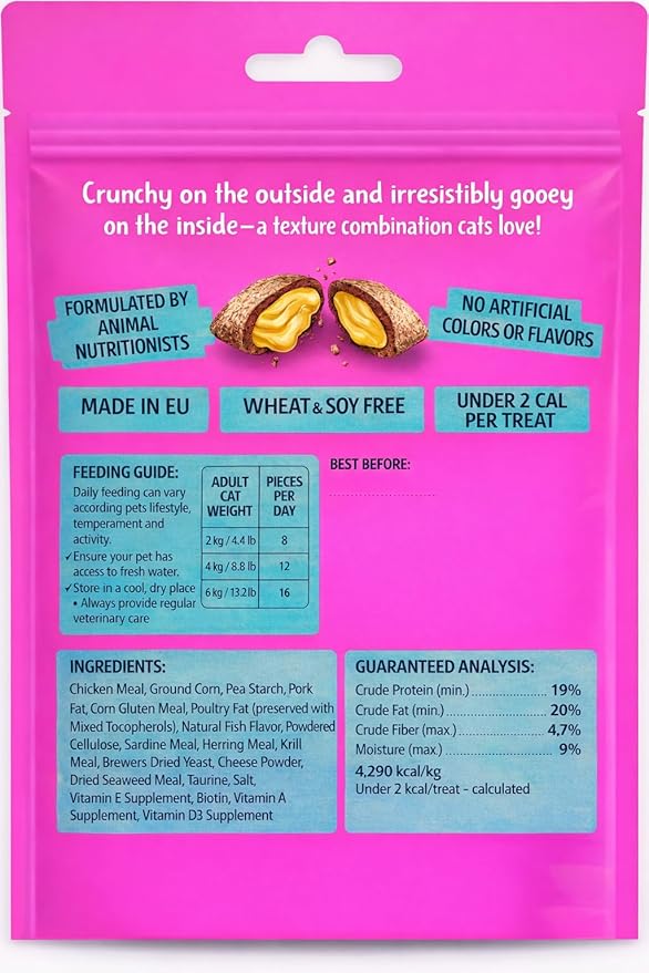 Calming Cat Treats for Indoor Cats – Crunchy Pillow Bites Gooey Center – Seafood Low Calorie Kitty Treats – Cat Snacks Food Topper Training Wheat Soy Free Healthy Dental – 3oz (Packaging May Vary)
