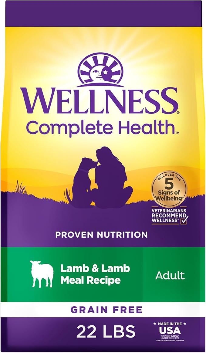 Wellness Complete Health Adult Dry Dog Food, Grain Free Kibble, Natural, Lamb Recipe, 22 lb Bag