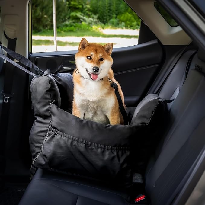 JACKO & CO Premium Dog Car Seat – Safe & Cozy Travel Bed Carrier for Small Dogs, Puppies, Pets, Clip-On Leash, Storage Pockets, Water-Resistant, Machine Wash (Black, Removable - Medium (25-40lbs))