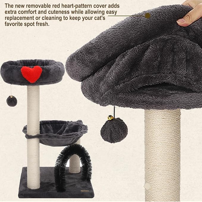 27.8" Small Cat Tree Tower for Indoor Cats, Multi-Level Cute Cat Tree with Scratching Post| Plush Hammock| Perch| Replaceable Cover| Groomer Brush| Dangling Ball for Kittens Play & Rest