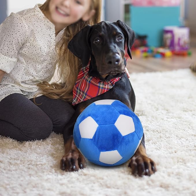 Dog Toys Balls, Pet Chew Toy Stuffed with Fluffy, Funny & Cute Interactive Play Dog Squeak Toy, Durable Indoor Outdoor Dog Puzzle Toys Soft Plush Football for Medium and Large Dogs Breeds, 7in