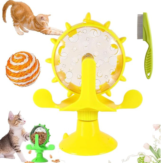 Food Spinning Windmill, Windmill Dog Treat Dispenser, 360°Rotating Treat Dispenser Toy with Suction Cup, Fun Multi Layer Rotating Turntable for Pet Toys (Yellow)